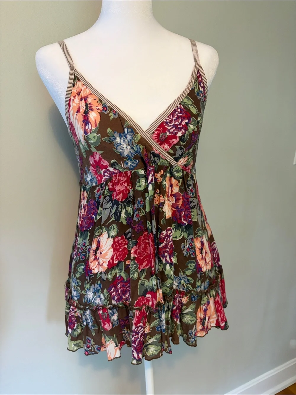 hazel | Tops | Babydoll Style Brown With Pink Purple And Green Floral ...